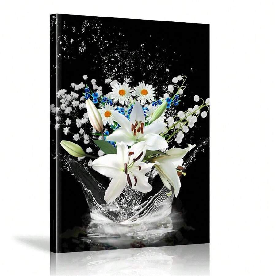 1 Piece Framed Modern Summer Painting, Natural Blooming Floral Print Black And White Water Lily Canvas Art Print Poster, Ideal For Modern Living Room, Bathroom, Bedroom, Hotel, Apartment, Homestay, Entrance, Porch, Kitchen, Dining Room, Classroom, Home Office Wall Decoration, Ready To Hangitory Home Office Wall Decoration Ready To Hang