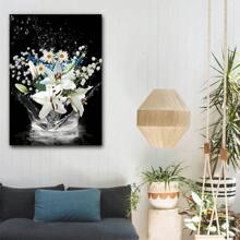 1 Piece Framed Modern Summer Painting, Natural Blooming Floral Print Black And White Water Lily Canvas Art Print Poster, Ideal For Modern Living Room, Bathroom, Bedroom, Hotel, Apartment, Homestay, Entrance, Porch, Kitchen, Dining Room, Classroom, Home Office Wall Decoration, Ready To Hangitory Home Office Wall Decoration Ready To Hang