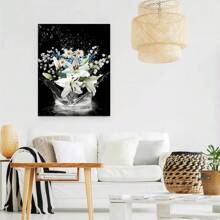 1 Piece Framed Modern Summer Painting, Natural Blooming Floral Print Black And White Water Lily Canvas Art Print Poster, Ideal For Modern Living Room, Bathroom, Bedroom, Hotel, Apartment, Homestay, Entrance, Porch, Kitchen, Dining Room, Classroom, Home Office Wall Decoration, Ready To Hangitory Home Office Wall Decoration Ready To Hang