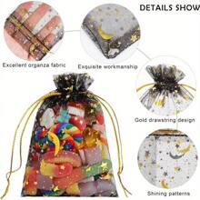100 件，月亮和星星印花欧根纱袋，斋月糖果礼品袋，化妆欧根纱礼品袋，抽绳礼品袋，适用于宴会、珠宝、节日 - 黑色 - 查看 4