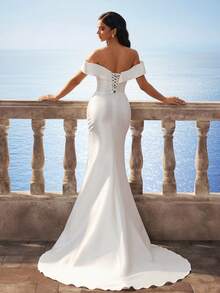 Vestido de novia de cola de pez de unicolor y hombros descubiertos de alta gama para novia, de diseño simple - Blanco - Ver 3