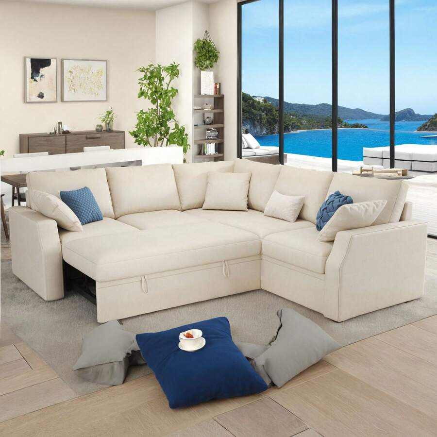 85 Inch L-Shaped Sleeper Sofa With Pull-Out Bed & Storage, Oversized Sectional Sofa For Living Room & Apartment - Màu be - Xem 1