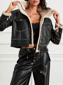 Women Winter Jacket Long Sleeve Zipper Closure Patchwork Warm Outwear With Pockets - Black - View 2