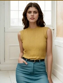 Gestrickte Camisole-Weste mit hohem Halsausschnitt für Damen, ärmelloses T-Shirt als Oberbekleidung, obere und untere Schicht als Innenschicht