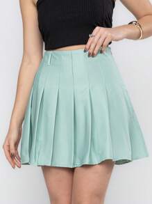 Pleated Skirt With Lining Shorts For Women In College Tailoring - Green - View 5