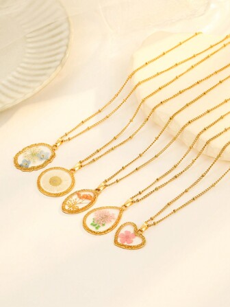 1 件不锈钢金色 304 材质琥珀吊坠项链花适合女性装饰情人节、妈妈、母亲、母亲节、礼物