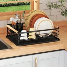 Living And Home Kitchen Countertop Stainless Steel Dish Drainer Rack,Cutlery Holder Dish Drying Rack With Wooden Handle,Kitchen Organizer Storage Shelf