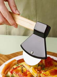 1pc Stainless Steel Axe-Shaped Pizza Cutter With Bamboo Wood Handle, Unique Round Pie Knife