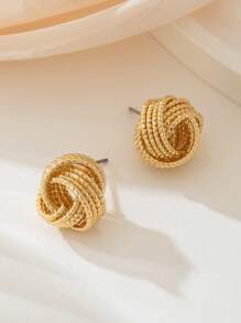 1 par de pendientes tipo botón para mujer con diseño de líneas cruzadas de metal con textura delicada - Amarillo Oro - Ver 4