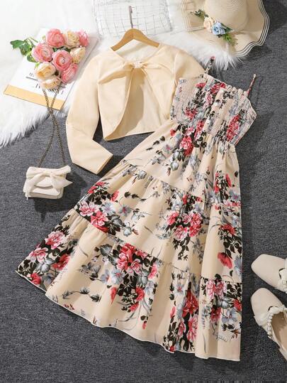 Left Mama Tween Girl Ditsy Floral Long Sleeve Top And Spaghetti Strap Dress Set, Spring & Autumn