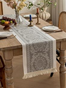 1pc Tablecloth, Water-Repellent And Stain-Resistant, Modern Minimalist Style, Handwoven Tassel Decor, Enhancing Dining Table Artistry, Suitable For Family Gatherings Or Holiday Celebrations - Grey - View 2