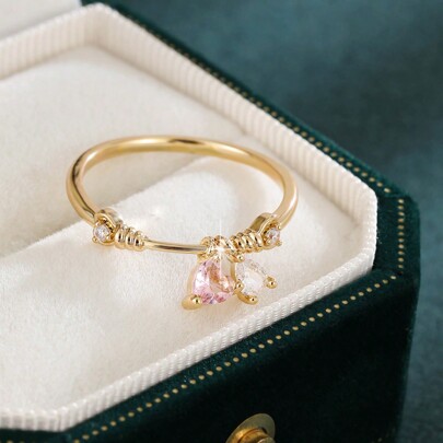 خاتم مصمم بقلب وقطرة ماء مع زركونيا مكعبة اصطناعية للنساء، حزام من النحاس بطلاء فريد، مثالي للهدايا والحفلات