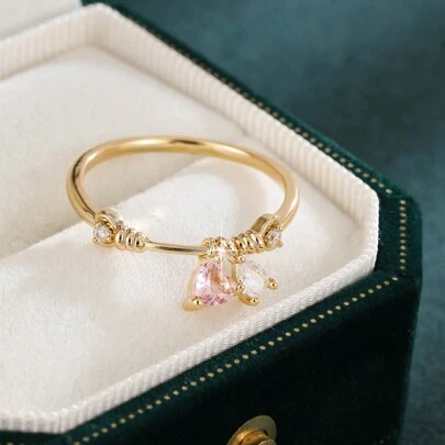 Anillo con colgante en forma de corazón y gota de agua, incrustado con circonita cúbica sintética, anillo de cobre con un acabado único, regalo ideal para amigos y fiestas.