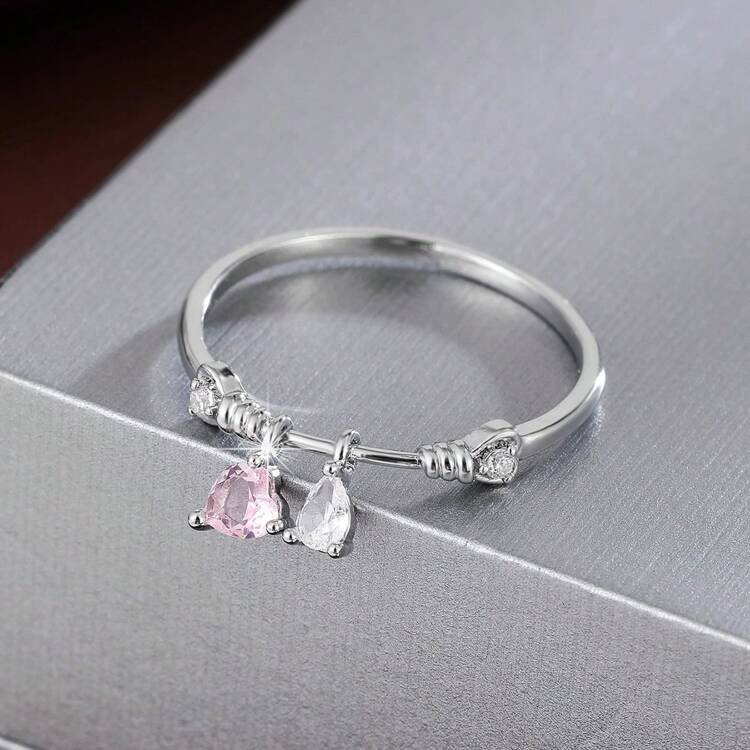 Elegant Heart-Shaped Water Drop Pendant Ring, Inlaid With Synthetic Cubic Zirconia, Copper Ring, Unique Plating, Ideal Gift For Friends And Parties. - Multicolor - View 3
