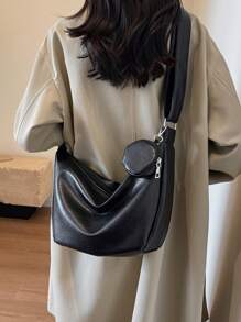 时尚梅拉德色休闲女士单肩斜挎包带零钱包，柔软 PU 皮革，适合日常通勤