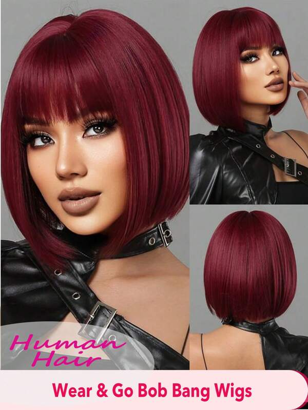 Short Human Hair Bob Wig With Bangs Straight Remy Hair Burgundy Color 99J Wig For Women Daily Use Glueless Non Lace Wig Ware And Go Full Machine Made Wig