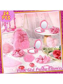 24pcs/Set Bridal Shower Favors,Hair Brush+Scrunchies+Cosmetic Mirror+Organza Bags, Hair Accessories For Wedding, Bridesmaid, Proposal, Birthday, Gender Reveal Parties - Pink Party Favors,
