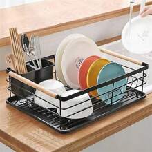 Living And Home Kitchen Countertop Stainless Steel Dish Drainer Rack,Cutlery Holder Dish Drying Rack With Wooden Handle,Kitchen Organizer Storage Shelf