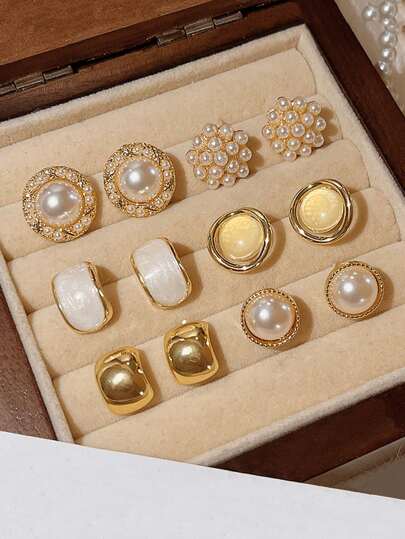 6pcs Set Retro Smooth Surface Hong Kong Style Round Pearl Charm Cat Eye Earrings And Stud Earrings Set For Women