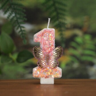 1 件粉色蝴蝶形数字 0-9 生日蜡烛，带闪亮闪光纸屑，适合生日、周年纪念日、新年、情人节和里程碑的少女蛋糕装饰