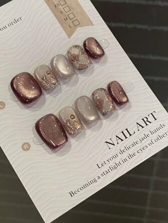 30 件短方形浪漫栗色拿铁猫眼菱形假指甲套装适合学生、办公室职员、日常工作和约会按压指甲美甲用品指甲