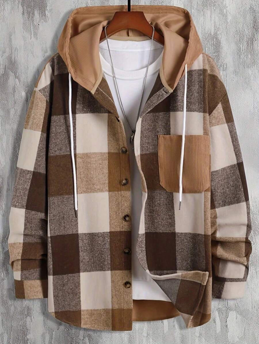 Plus Size Men Plaid Contrast Color Casual Stylish Daily Wear Spring Autumn New Long Sleeve Hooded Jacket With Drawstring - Brown - View 1