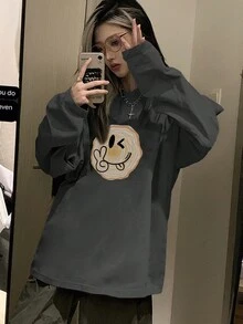 2025新款宽松休闲百搭卡通笑脸印花长袖T恤女 - 深灰色 - 查看 3