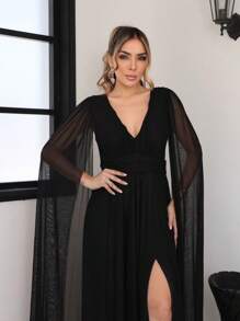 Women's Long Party Dress With Slit Cape Sleeve V-Neck Solid Color Elegant New Year's Eve - 黑色 - 查看 2