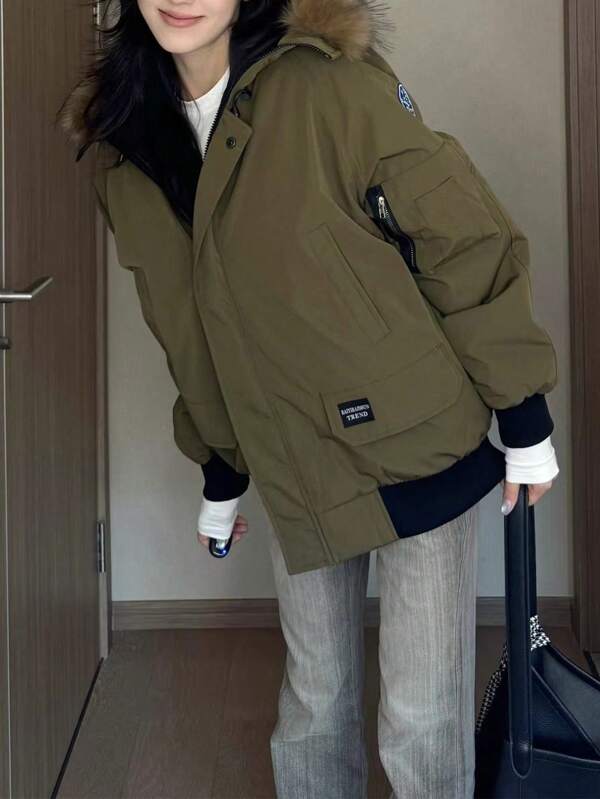 conciso Winter Hooded Parka Drop Shoulder Padded Coat With Faux Fur Collar