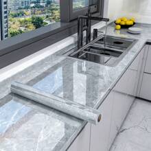 1 Roll Gray Faux Marble Texture Self-Adhesive Wallpaper, PET Aluminum Foil Material, Removable, Waterproof, Oil-Resistant, Heat-Resistant, Easy To Cut And Install, Size: 15.74/23.62/31.5 Inches Wide, Suitable For Kitchen Backsplash, Living Room, Dining Room, Bathroom Wall Protection And Decoration, As Well As Cabinet, Table, Countertop, Refrigerator, Furniture Renovation And Transformation. - Grey - View 2