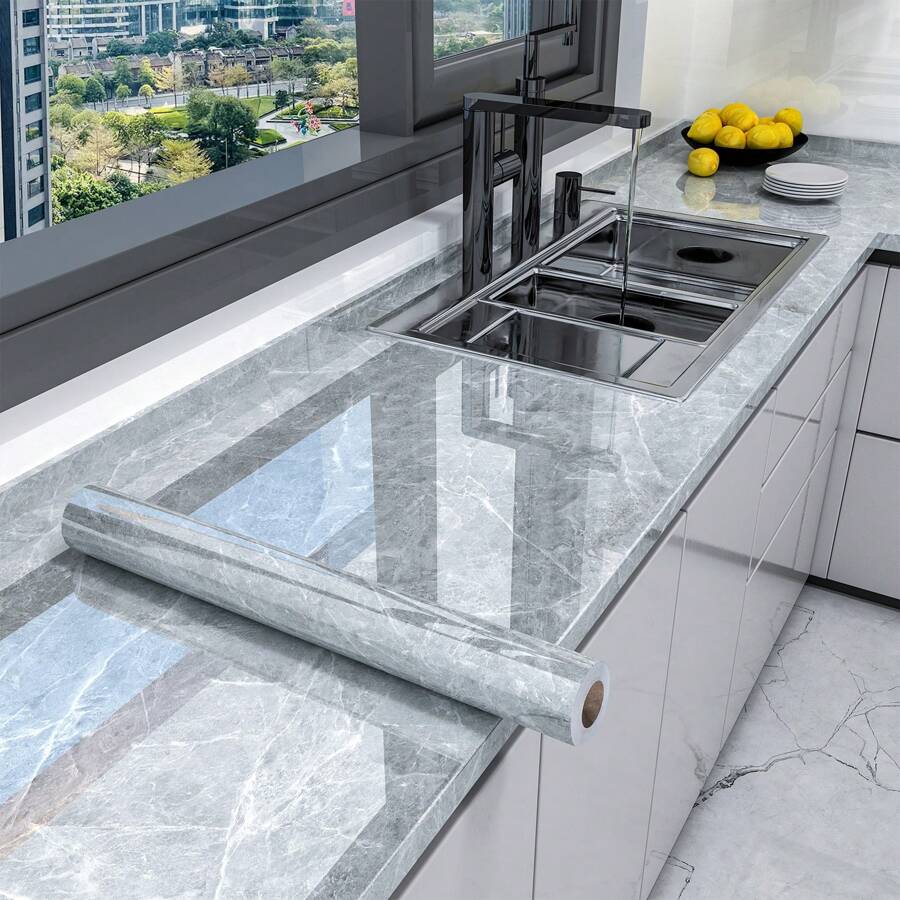 1 Roll Gray Faux Marble Texture Self-Adhesive Wallpaper, PET Aluminum Foil Material, Removable, Waterproof, Oil-Resistant, Heat-Resistant, Easy To Cut And Install, Size: 15.74/23.62/31.5 Inches Wide, Suitable For Kitchen Backsplash, Living Room, Dining Room, Bathroom Wall Protection And Decoration, As Well As Cabinet, Table, Countertop, Refrigerator, Furniture Renovation And Transformation.