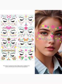2/3/8pcs, Music Festival Fluorescent Face Tattoo Sticker Set,8 Sheets Temporary Tattoo Stickers, 10.5*15cm/Sheet Waterproof Masquerade Party Neon Glow Tattoo Sticker, Party Decor Supplies, Party Favors, Night Party Supplies, Glow In Dark Party Supplies For DIY Women Girls' Christmas Eve,For Music Festival