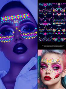 2/3/8pcs, Music Festival Fluorescent Face Tattoo Sticker Set,8 Sheets Temporary Tattoo Stickers, 10.5*15cm/Sheet Waterproof Masquerade Party Neon Glow Tattoo Sticker, Party Decor Supplies, Party Favors, Night Party Supplies, Glow In Dark Party Supplies For DIY Women Girls' Christmas Eve,For Music Festival