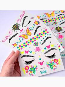 2/3/8pcs, Music Festival Fluorescent Face Tattoo Sticker Set,8 Sheets Temporary Tattoo Stickers, 10.5*15cm/Sheet Waterproof Masquerade Party Neon Glow Tattoo Sticker, Party Decor Supplies, Party Favors, Night Party Supplies, Glow In Dark Party Supplies For DIY Women Girls' Christmas Eve,For Music Festival