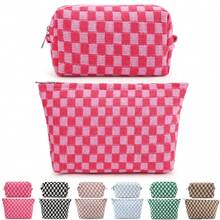 2 pezzi Borsa porta trucchi grande in tela a quadri, borsa da toilette per viaggio con grande capacità, accessori estetici per organizzare pennelli trucco, borsa per lo stoccaggio per donne, mix a quadri verde