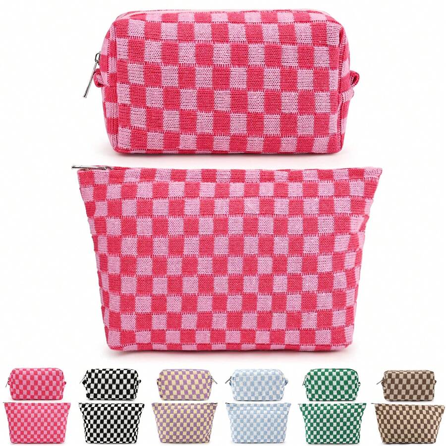 2 pezzi Borsa porta trucchi grande in tela a quadri, borsa da toilette per viaggio con grande capacità, accessori estetici per organizzare pennelli trucco, borsa per lo stoccaggio per donne, mix a quadri verde