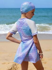 3pcs Tween Girls Swimwear Set: Metallic Fish Scale Print One-Piece Swimwear