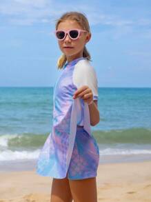 3pcs Tween Girls Swimwear Set: Metallic Fish Scale Print One-Piece Swimwear