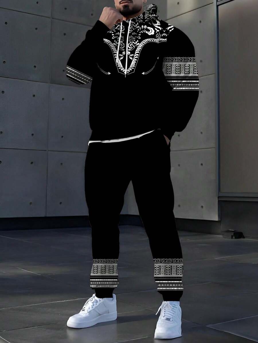 1set Men's Fashionable Casual Digital Print Hoodie Set