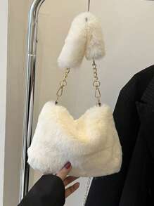 新款女士INS风小方包斜挎包，时尚链条毛绒包，秋冬韩版小方包 - 白色 - 查看 6