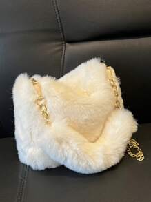 新款女士INS风小方包斜挎包，时尚链条毛绒包，秋冬韩版小方包 - 白色 - 查看 5