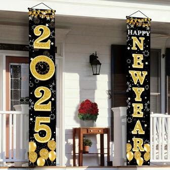 2025 新年快乐门廊横幅套装 - 节前门装饰，适用于室内和室外庆祝活动、派对主题用品聚酯纤维