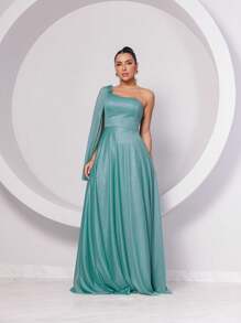 Women's Long Party Dress With Cape Sleeves Aurora Color Shiny Elegant New Year's Eve - 薄荷綠 - 查看 2