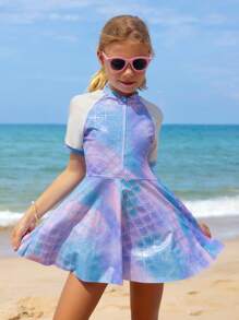3pcs Tween Girls Swimwear Set: Metallic Fish Scale Print One-Piece Swimwear