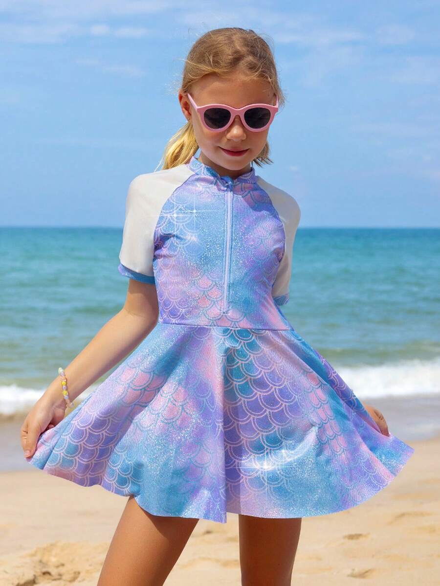 3pcs Tween Girls Swimwear Set: Metallic Fish Scale Print One-Piece Swimwear