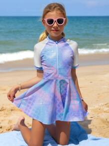 3pcs Tween Girls Swimwear Set: Metallic Fish Scale Print One-Piece Swimwear