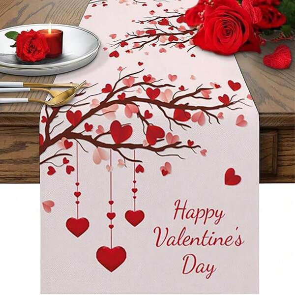 1 Pieza Camino de mesa para el Día de San Valentín, Bufandas para cómodas, Decoraciones de mesa de San Valentín para café, boda, fiesta festiva, comedor romántico con diseño de árbol en forma de corazón