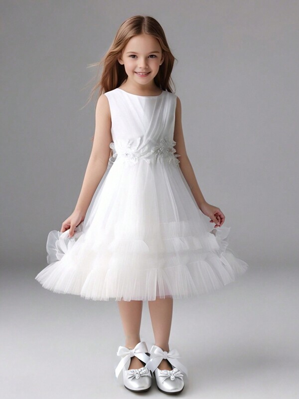 Kleine Mädchen Handgemachtes Abendkleid mit plissierten Pailletten und Strasssteinen