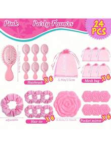 24pcs/Set Bridal Shower Favors,Hair Brush+Scrunchies+Cosmetic Mirror+Organza Bags, Hair Accessories For Wedding, Bridesmaid, Proposal, Birthday, Gender Reveal Parties - Pink Party Favors,