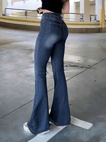 Women's Flare Bell Bottom Jeans Mid Waisted Wide Leg Bootcut Jeans Stretchy Denim Pants - Rửa tối - Xem 4